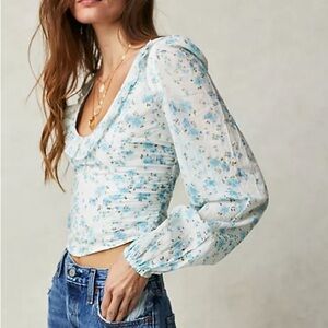 NWT Floral Blue and White Women's Top- Another Life Printed Top
